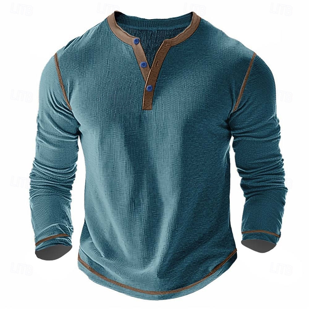 Men's T Shirt Henley Shirt Waffle Knit Tee Tee Top Long Sleeve Shirt Long Sleeve Color Block Solid Fashion Designer Basic Patchwork Henley Vacation Street Casual Spring & Fall Dark Gray Black White 2025 - $20.99 –P9