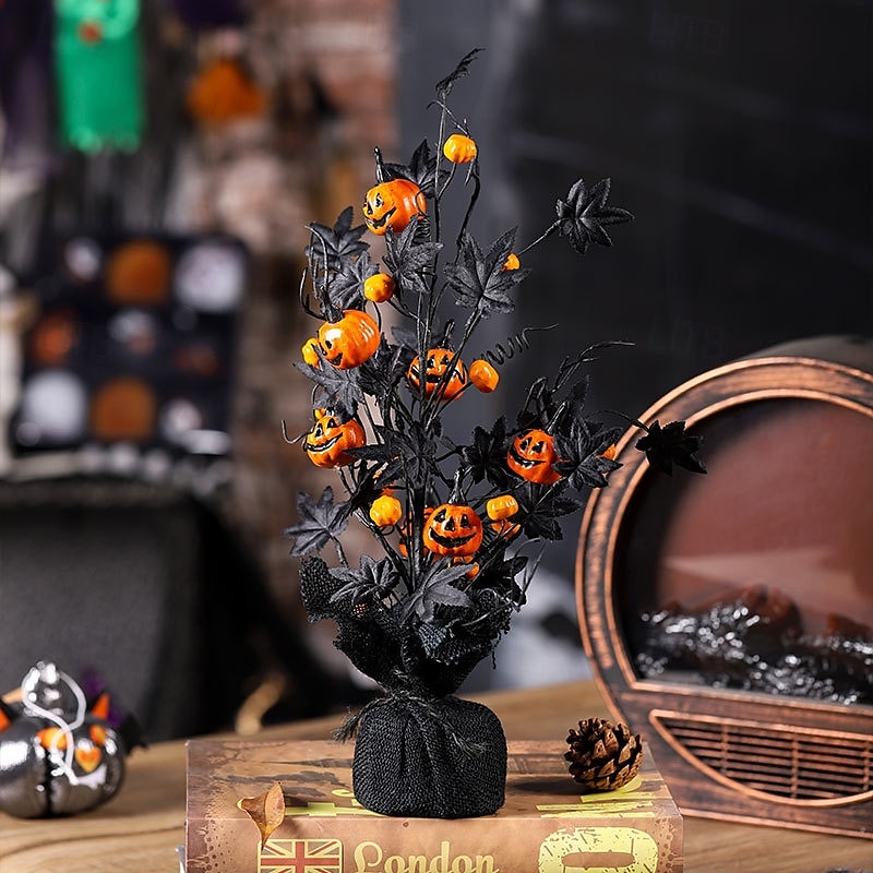 Kunstig potteplante med halloween-gresskar og lønneblader, skummel dekorasjon med svart gresskartre, skummel halloween-borddekorasjon til hjem, fest, innendørs bruk 2025 - $29.99 –P2