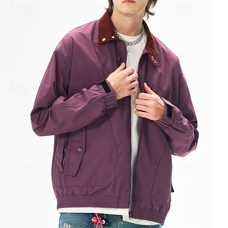 Men's Lightweight Jacket Cargo Jacket Casual Jacket Vacation Daily Windproof Windbreaker Pocket Fall Winter Plain Fashion Classic Stand Collar Regular Black White Purple Green Jacket 2025 - $51.99 –P4