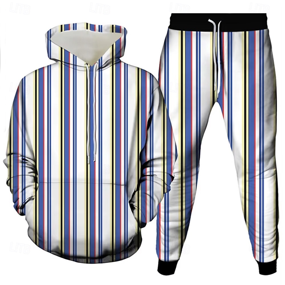 Homens Tiras verticais 2pcs Conjuntos de moletom 3D Moletom Moletom com capuz Manga Longa Calças compridas Com Capuz Casual Diário Roupa Esportiva Impressão 3D Primavera Outono Inverno Rubi Vermelho de 2025 por $39.99 –P1