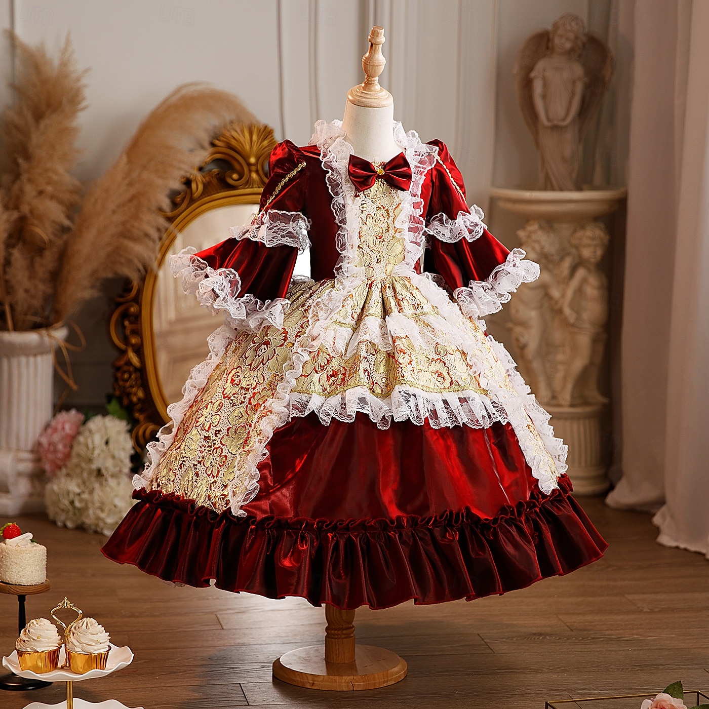 Steampunk Prinzessin schick Maxi Partykostüm Zubehör Glockenärmel Prinzessin Belle Schleife Retro Ballkleid Spitzkragen Kostüm Mädchen königlich Weihnachten Halloween Karneval Maskerade 2026 - $139.99 –P2
