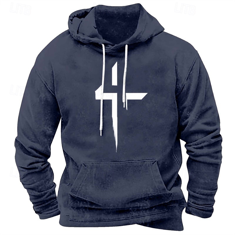 2025年 男性用 パーカー ブラック ホワイト ルビーレッド ブルー ブラウン フード付き 十字架 ポケット プリント スポーツ 日常 祝日 ポリエステル ストリートファッション ベーシック カジュアル 春 秋 衣類 パーカー トレーナー  コレクション – $25.99 –P1