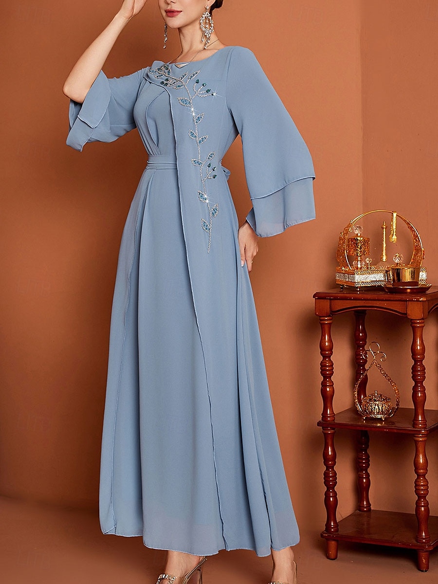 A-Line Mor til Bruden Kjole Elegant V Utringning Gulvlengde Chiffon Lang Erme med Belte Bånd Krystaller 2025 - $119.99 –P6