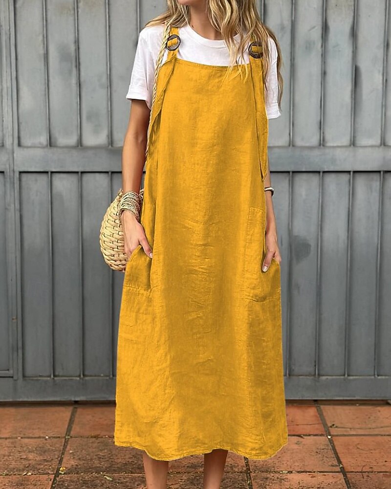 Per donna Abito Midi Abito in cotone e lino Abito Sottoveste Classico Moderno Vacanza Ferie Weekend Vestibilità regolare Semplice Senza Maniche Collo quadrato Nero Bianco Giallo Rosso Estate del 2025 a $25.99 –P2