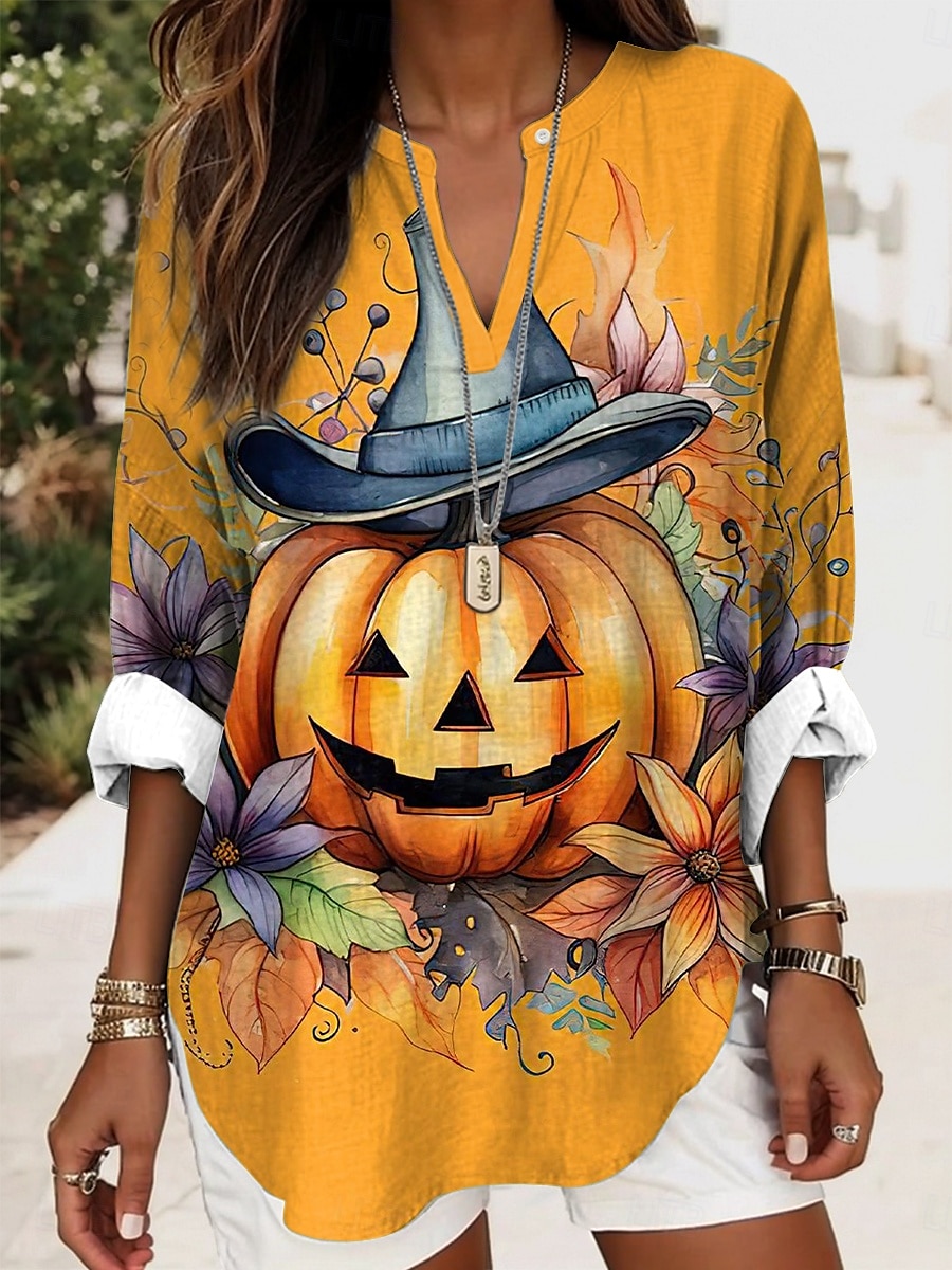 Halloween Femmes Chemisier Graphique ancien Élégant Occasionnel manche longue Col en V Hauts Réguliers Quotidien Fête Imprimé Noir Bleu Bleu Poudré Violet Orange Été Printemps Automne de 2025 ? $24.99 –P1