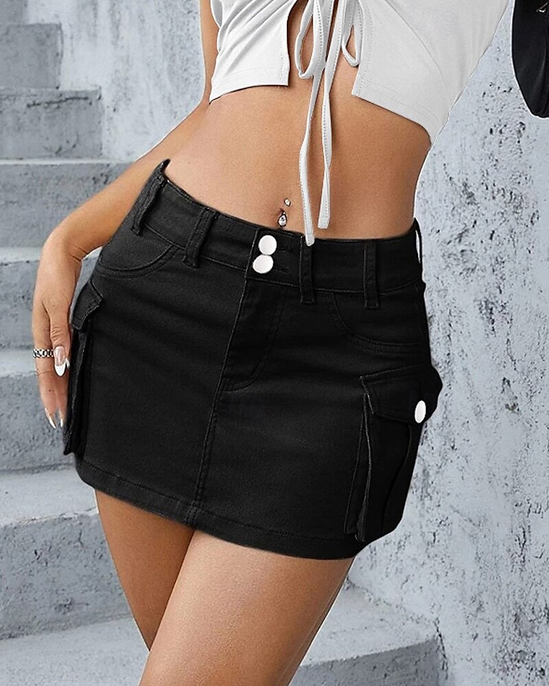 Damen Rock Lässig Mini Mittlere Hüfthöhe Röcke Einfach Tasche Mikroelastisch Urlaub Straße Asche Schwarz Weiß Blau Sommer Baumwolle 2025 - $22.99 –P8