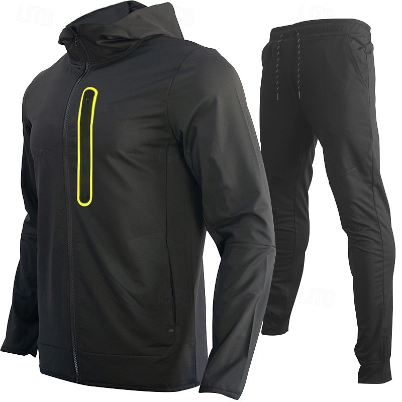 Herren Trainingsanzug Outfit-Set Kapuzenpullover Set Kapuzenpullover Outdoor Täglich Sport Reißverschluss Tasche Kordelzug Farbblock Schwarz Gelb Rote Polyester Sportkleidung Mode Streetwear Frühling 2025 - $56.99 –P2