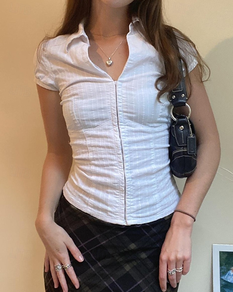 Damen Hemd Bluse Einfach Modern Lässig Kurzarm Hemdkragen Normale Oberteile Täglich Ferien Knöpfe Weiß Rosa Sommer 2025 - $24.99 –P3