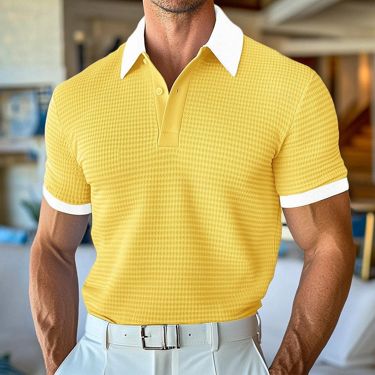 Herre Golf skjorte Vaffelstrikket poloskjorte Virksomhet Avslappet Klassisk Kortermet Mote Moderne Helfarge Knapper Sommer Vår Gul Navyblå Kakifarget Lyseblå Golf skjorte 2025 - $26.99 –P4