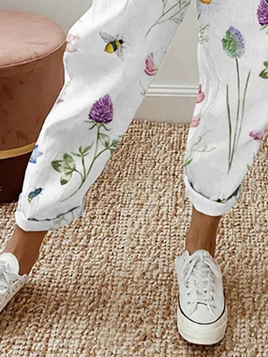Dames Chinese Broeken Actief Casual / Dagelijks Lang Hoge taille Bloemig Zak Opdrukken Elastisch ontwerp met trekkoord Ademend Zacht Micro-elastisch Vakantie Straat Alledaagse kleding Wit Lente Herfst 2025 - $25.99 –P2