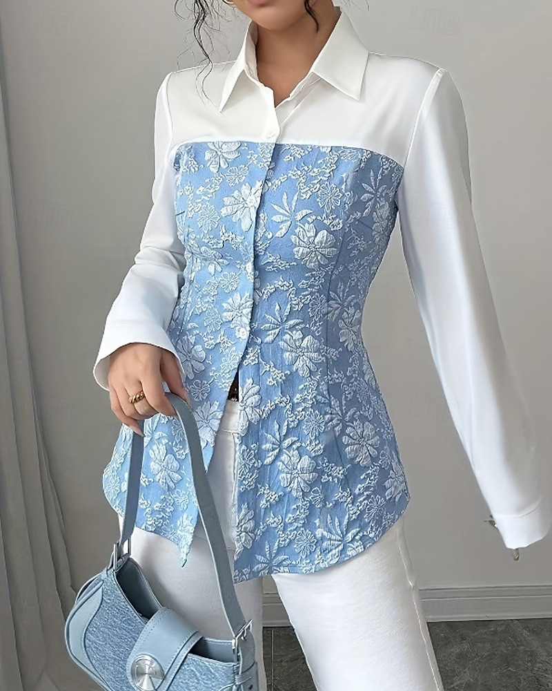 Per donna Camicia Blusa Fiore Elegante Moderno Manica Lunga Colletto a Camicia Top Regolari Ferie Uscire Patchwork Stampato Azzurro cielo Autunno del 2025 a $25.99 –P1