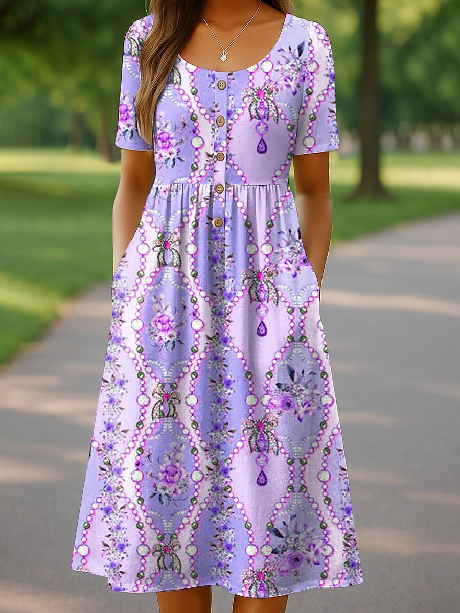 Per donna Abito Midi Vestito Casual Vestito Estivo Abito a trapezio Abito Estivo Vacanza Casual Spiaggia Ferie Vestibilità comoda Floreale Grafico Manica Corta Girocollo Rosa Blu Viola Verde Estate del 2025 a $36.99 –P4