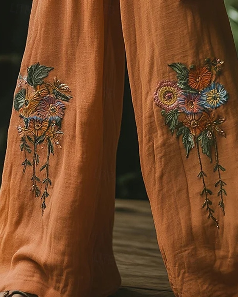 Women's Wide Leg Pants Trousers Palazzo Pants Fashion Boho Full Length High Waist Flower Elastic Waist Print Breathability Comfortable Street Daily Wear Going out Orange Spring Fall Regular Fit 2025 - $32.99 –P3
