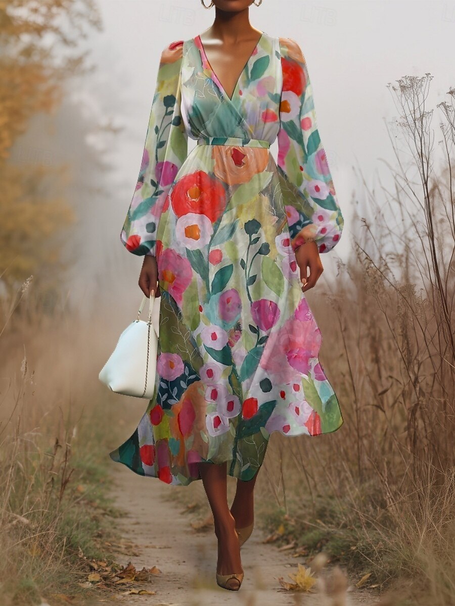 Damen Midikleid Freizeitkleid Chiffon Schwingkleid Modern Urlaub Täglich Wochenende Normale Passform Blumen Langarm V Ausschnitt Hellgrün Marineblau Dunkelgrün Grün Sommer Frühling Herbst 2025 - $31.99 –P6