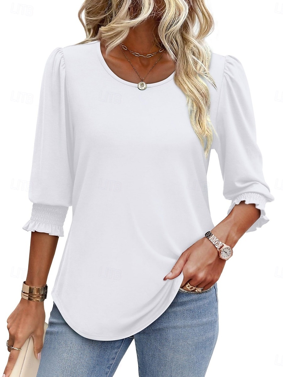 Femmes Chemisier Couleur Unie Élégant Occasionnel Manche 3/4 Col ras du cou Hauts Réguliers Quotidien Noir Blanche Rouge Bleu Été Printemps Automne de 2025 ? $19.99 –P14
