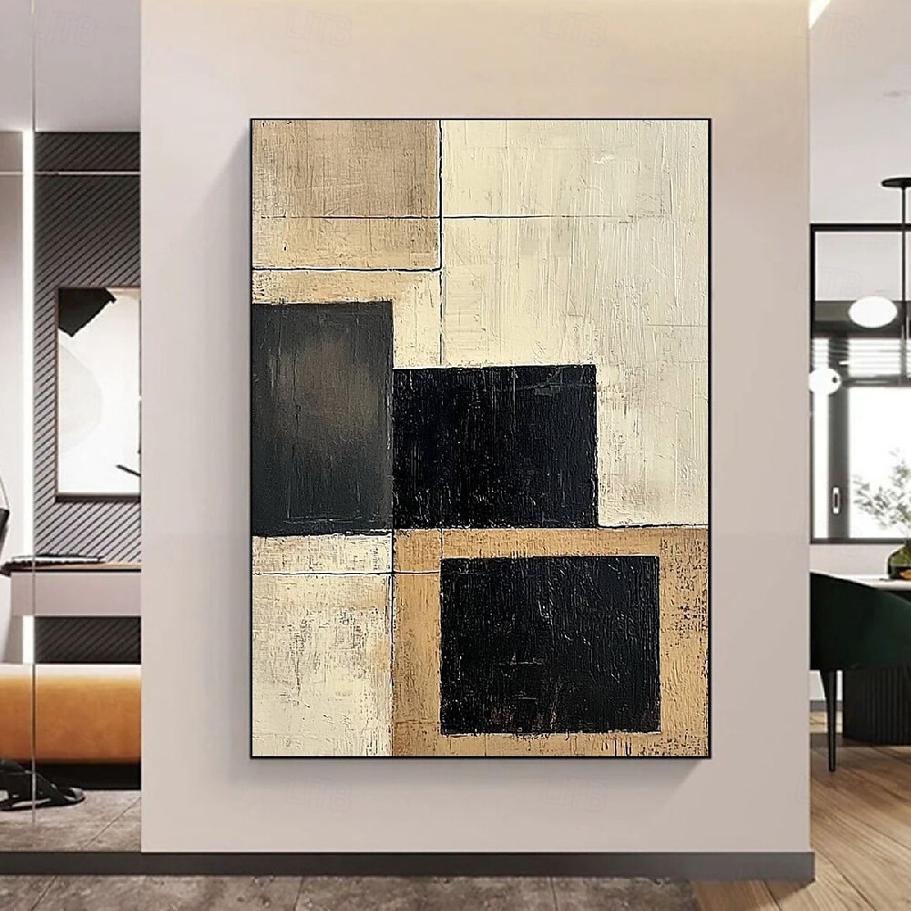 Handmade hand Painted Geometric Oil Painting Abstract Rectangles Modern Minimalist Art Textured Canvas Beige Taupe Charcoal Black Blocks Neutral Tones Contemporary Home Decor Wall Art Living Room 2025 - $100.99 –P6