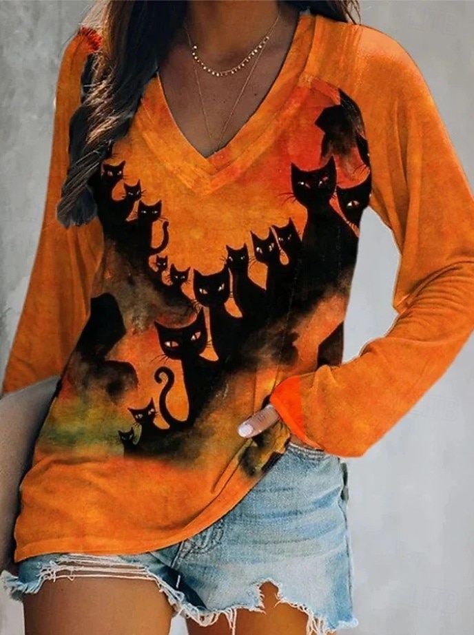 Halloween Γυναικείο T shirt Τέρας Μακρύ Μανίκι V Neck Μακρύ Μανίκι Γραφικό Χαλαρό Vintage Στυλάτο Κλασικό Κανονικά Τοπ Καθημερινή Εκτύπωση Πορτοκαλί Εκρού Χακί Άνοιξη Φθινόπωρο Προ-φθινόπωρο 2026 - $24.99 –P2