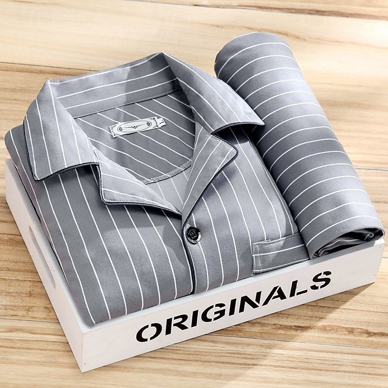 Men's Sleepwear Pajama Set Pajama Top and Pant 1 set Stripe Fashion Stylish Classic Home Daily Bed Polyester Comfort Soft Breathable Lapel Long Sleeve Shirt Pant Elastic Waist Buttons Spring Fall 2025 - $16.99 –P3