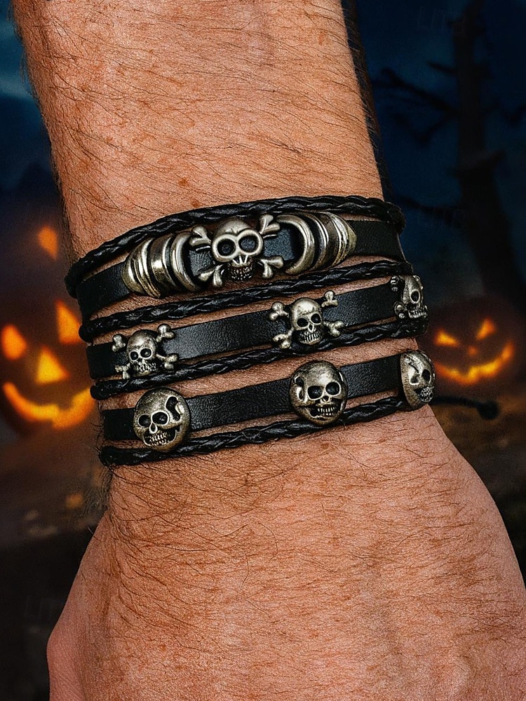 Sett med armbånd i skinn med hodeskalle-anheng for menn – justerbart punk-armbånd i ekte skinn til halloween-fest, cosplay og rockekonserter 2025 - $11.99 –P1