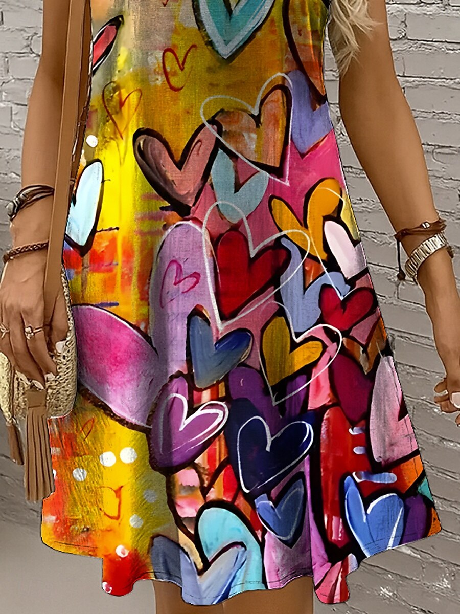 Damen Minikleid Sommerkleid A Linie Kleid Schulterfreies Kleid Urlaub Lässig Boho Ferien Strand Normale Passform Herz Grafik Ärmellos Rundhalsausschnitt Gelb Rote Blau Purpur Sommer Frühling 2025 - $21.99 –P3