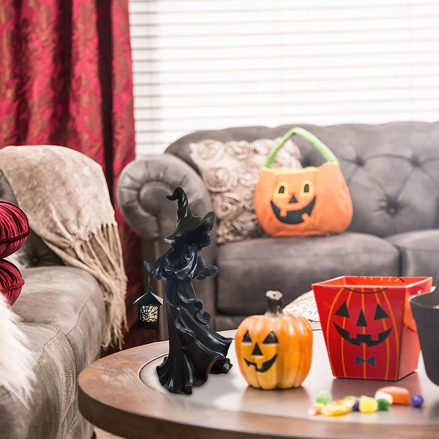 cracker vat heks halloween decoratie geest met lantaarn gezichtsloze geest sculptuur heks geest lamp hel boodschapper holding lantaarn standbeeld realistisch halloween thema rekwisieten 2025 - $15.99 –P6