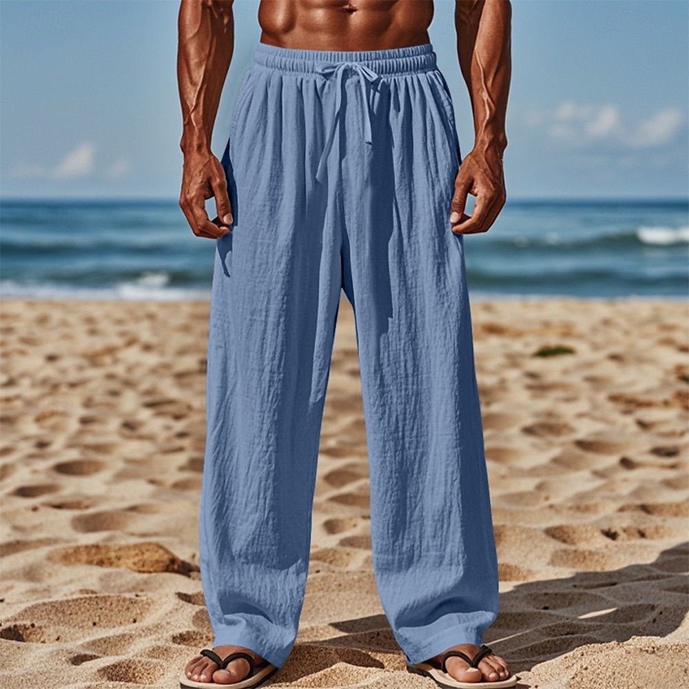 Men's Linen Pants Trousers Summer Pants Baggy Pants Beach Pants Elastic Waist Drawstring Straight Leg Plain Comfort Breathable Full Length Casual Daily Holiday Vacation Fashion White Pink Inelastic 2025 - $20.99 –P8