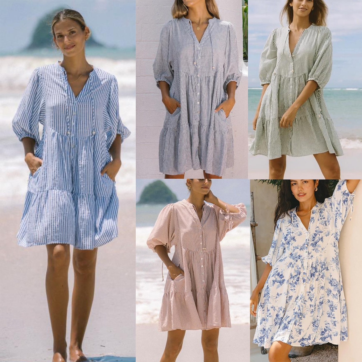 Damskie Sukienka mini Sukienka A line Letnie sukienki Codzienny Codzienny Luźna Kwiaty Rękaw 1/2 W serek Biały Niebieski Szary Lato 2025 - $34.99 –P1