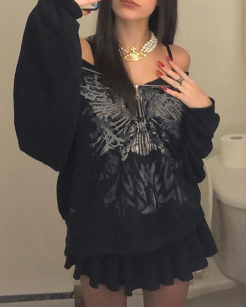 Femmes Sweat à capuche Fleuri Mode Streetwear manche longue À capuche Hauts Réguliers Rue Sortir Fermeture éclair Imprimé Noir Automne Hiver de 2025 ? $21.99 –P3