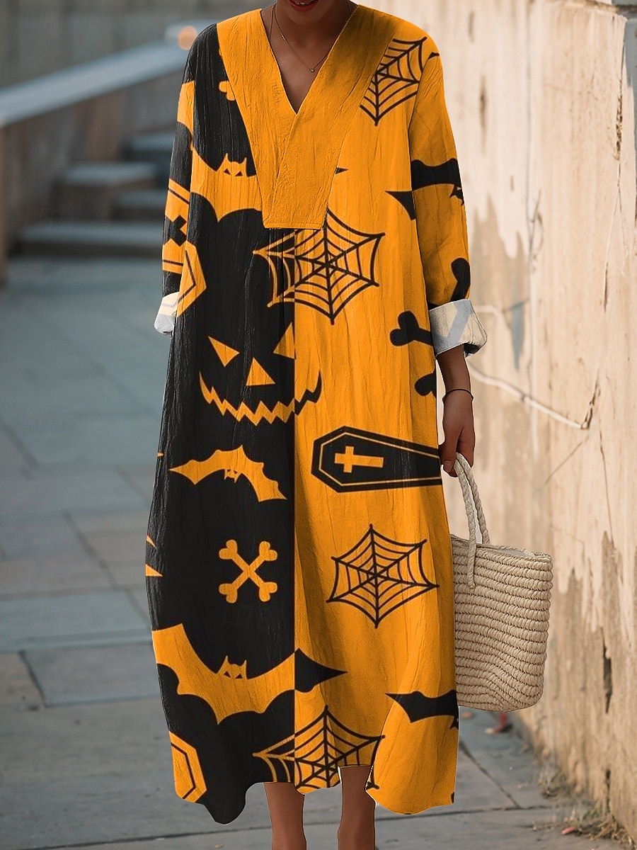 Robe midi femme Halloween V en col Longue Manche Kaftan Légère Coupe Ample Robe Décontractée Robe Shift Décontractée Coupe Ample Graphique Longue Manche V en col Noir Jaune Rose Orange Automne de 2025 ? $33.99 –P3