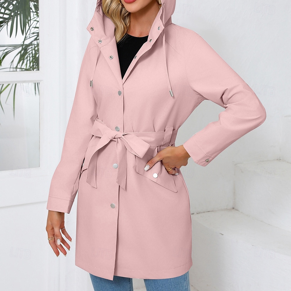 Women's Coat Waterproof Comfortable Pocket Buttons Fashion Street Style Plain Outdoor Casual Daily Long Hooded Regular Fit Long Sleeve Outerwear Black White Pink Spring Fall 2025 - $43.99 –P8