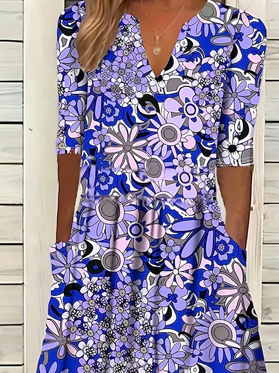 Damen Midikleid Freizeitkleid Sommerkleid Shiftkleid A Linie Kleid Urlaub Lässig Normale Passform Blumen Grafik Halbarm Einkerbiger Ausschnitt Purpur Sommer Herbst 2025 - $38.99 –P2