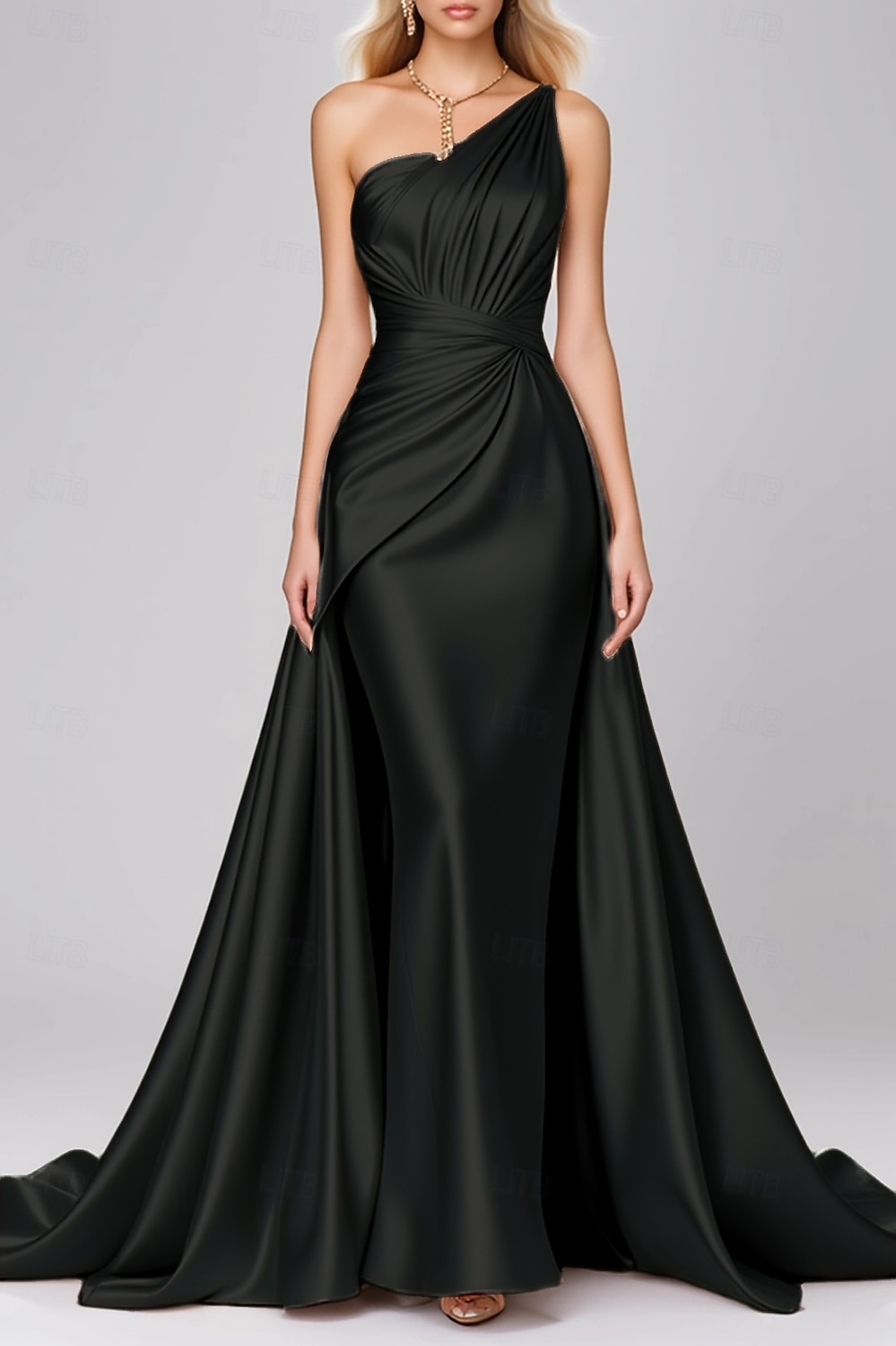 Robe de soirée sirène rose noire élégante, robe formelle pour invité de mariage, longueur au sol, sans manches, asymétrique, robe rose en satin extensible avec plis, 2025 de 2025 ? $142.99 –P4