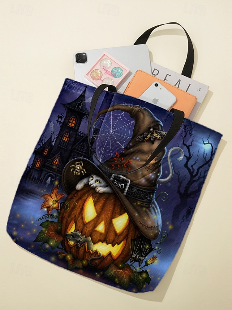 Sac fourre-tout pour femme imprimé citrouille et chat d'Halloween par Sarah Richter – grand sac à bandoulière réutilisable en polyester avec poche zippée pour les achats et les fêtes de fin d'année de 2025 ? $14.99 –P3
