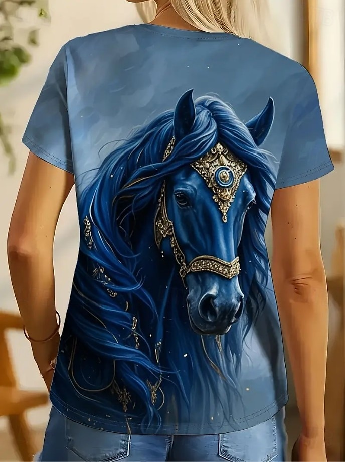 Femmes T-shirt Graphique Animal Cheval ancien Mode Élégant Manche Courte Col ras du cou Col rond Hauts Réguliers Quotidien Week-end Imprimé Marron clair Bleu Bleu Poudré Été Printemps de 2025 ? $19.99 –P6