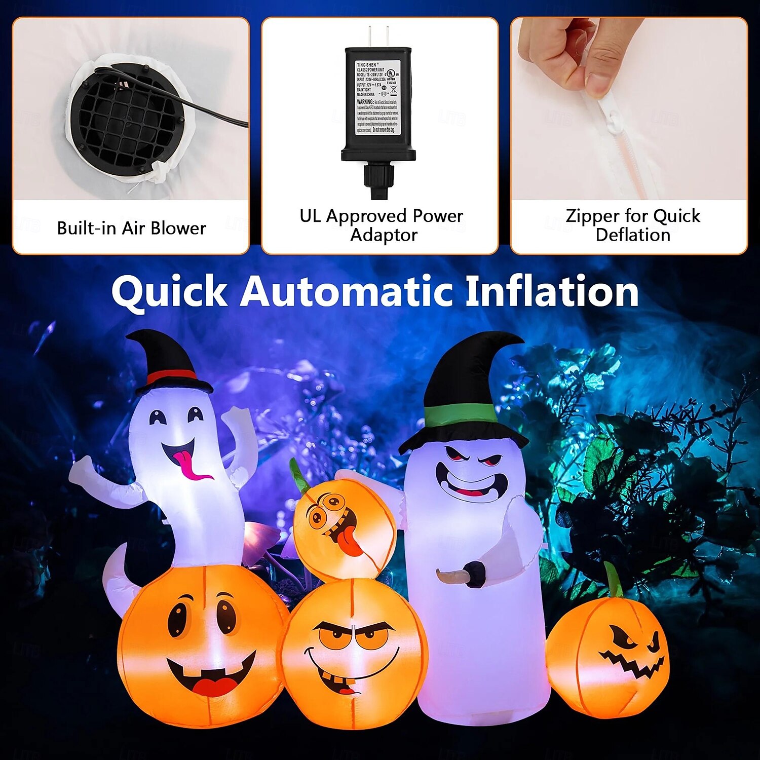 Costway 6 fot lang oppblåsbar halloween-dekorasjon med 4 gresskar &spøkelser med innebygde LED-lys 2025 - $108.99 –P3