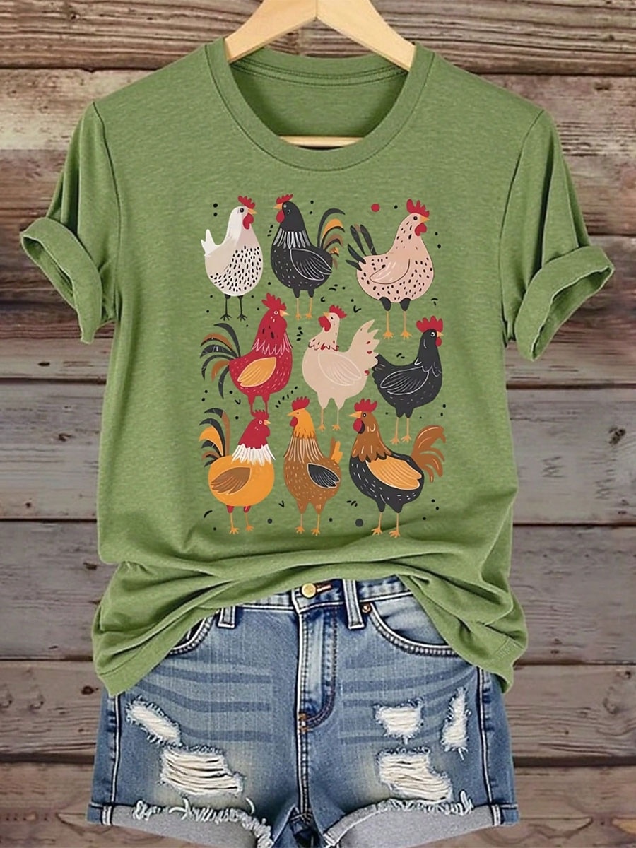 2026年 女性用 Tシャツ プリント グラフィック 動物 おんどり ヴィンテージ スタイリッシュ クラシック 半袖 ラウンドネック レギュラートップス 日常 ブラック ルビーレッド グリーン 夏  コレクション – $22.99 –P1