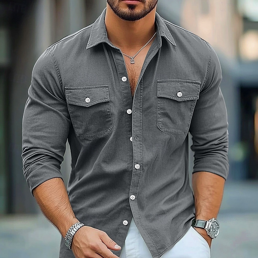 Herren Hemd Strandbekleidung Freizeithemd Knopfhemd Einfach Urlaub Lässig Schwarz Braun Grün Grau Langarm Revers Sommer Frühling & Sommer Bekleidung Knöpfe 2025 - $25.99 –P6