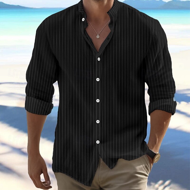 Herren Hemd Leinenhemd Stehkragenhemd Sommerhemd Strandbekleidung Knopfhemd Gestreift Urlaub Ferien Schwarz Weiß Blau Khaki Langarm Stehkragen Sommer Frühling Bekleidung 2025 - $22.99 –P3