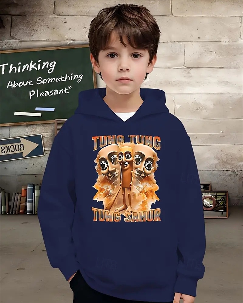 Pojkars casual hoodie med tung tung tung saur roligt abstrakt tryck 3D-grafik hoodie långärmad vår höst mode streetwear barn 4-12 år huva utomhus casual daglig normal passform 2025 - $18.99 –P5