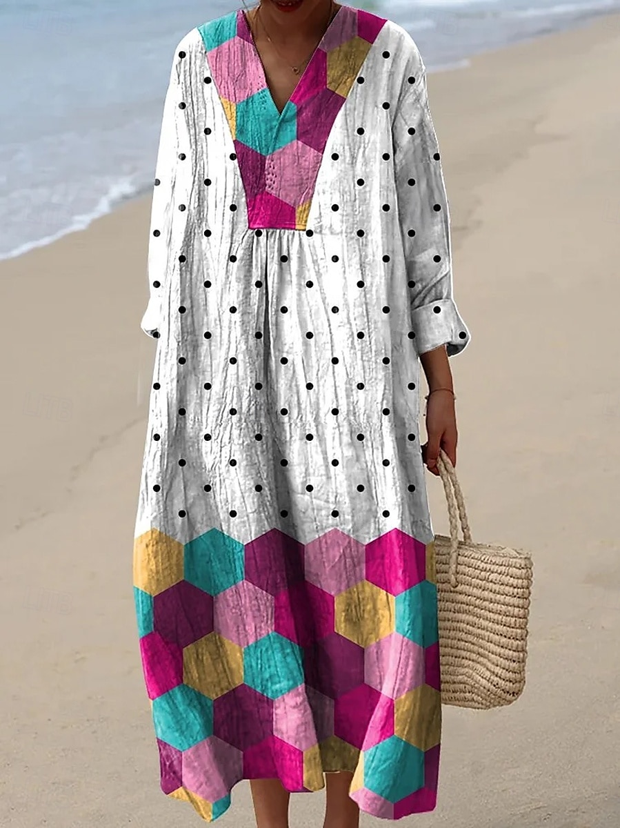 Per donna Abito maxi Vestito Estivo Abito a trapezio Vacanza Casual Boho Feste Uscire Spiaggia Grafico Geometrico Manica Lunga Scollo a V Bianco Blu Arancione Estate Primavera Autunno del 2025 a $35.99 –P3