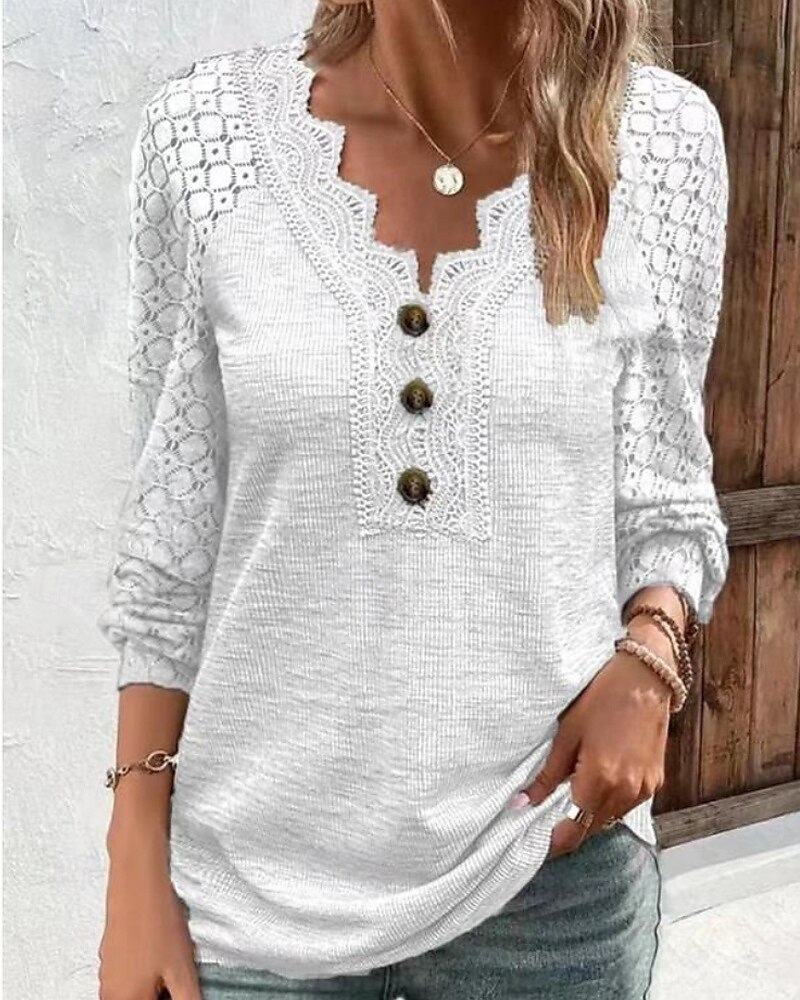 Femmes T-shirt Uni Occasionnel manche longue Col en V Hauts Réguliers Quotidien Sortir Week-end Boutons Noir Blanche Gris Automne de 2025 ? $21.99 –P1