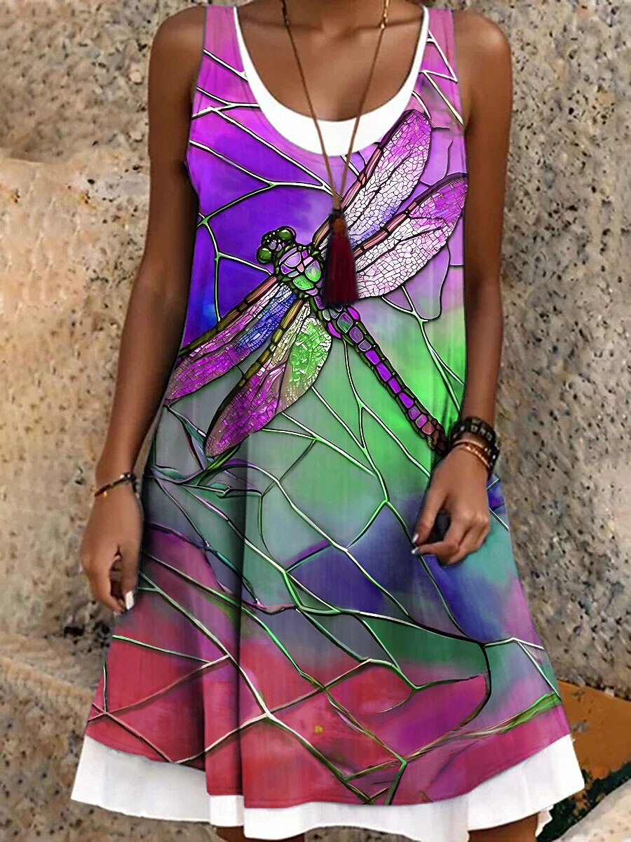 Damen Minikleid Sommerkleid A Linie Kleid Schulterfreies Kleid Urlaub Lässig Boho Täglich Normale Passform Grafik Tiermotiv Libelle Ärmellos Rundhalsausschnitt Blau Purpur Grün Sommer Frühling Herbst 2025 - $24.99 –P3
