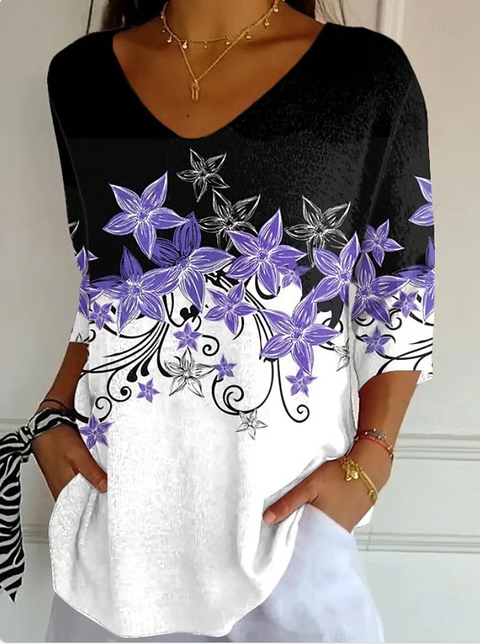 Dames Blouse Bloemig Grafisch Vintage Stijlvol Klassiek 3/4 mouw V-hals Normale tops Dagelijks Zwart en Wit Paars paars Zomer Lente Herfst 2025 - $25.99 –P3