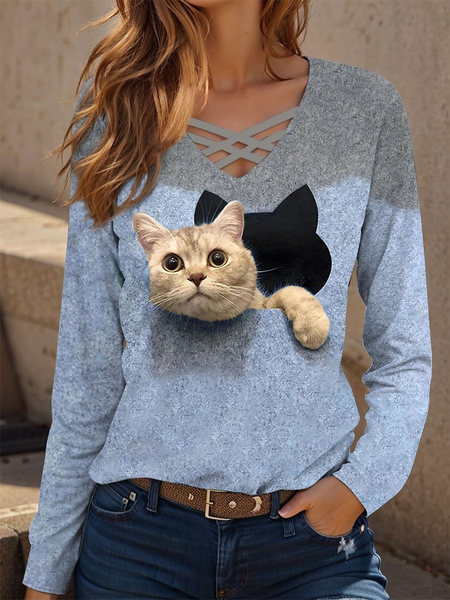 2025年 女性用 Tシャツ グラフィック 動物 猫 ヴィンテージ スタイリッシュ クラシック 長袖 Ｖネック レギュラートップス 日常 切り抜き プリント ブルー パープル グリーン カーキ色 春 秋  コレクション – $22.99 –P2