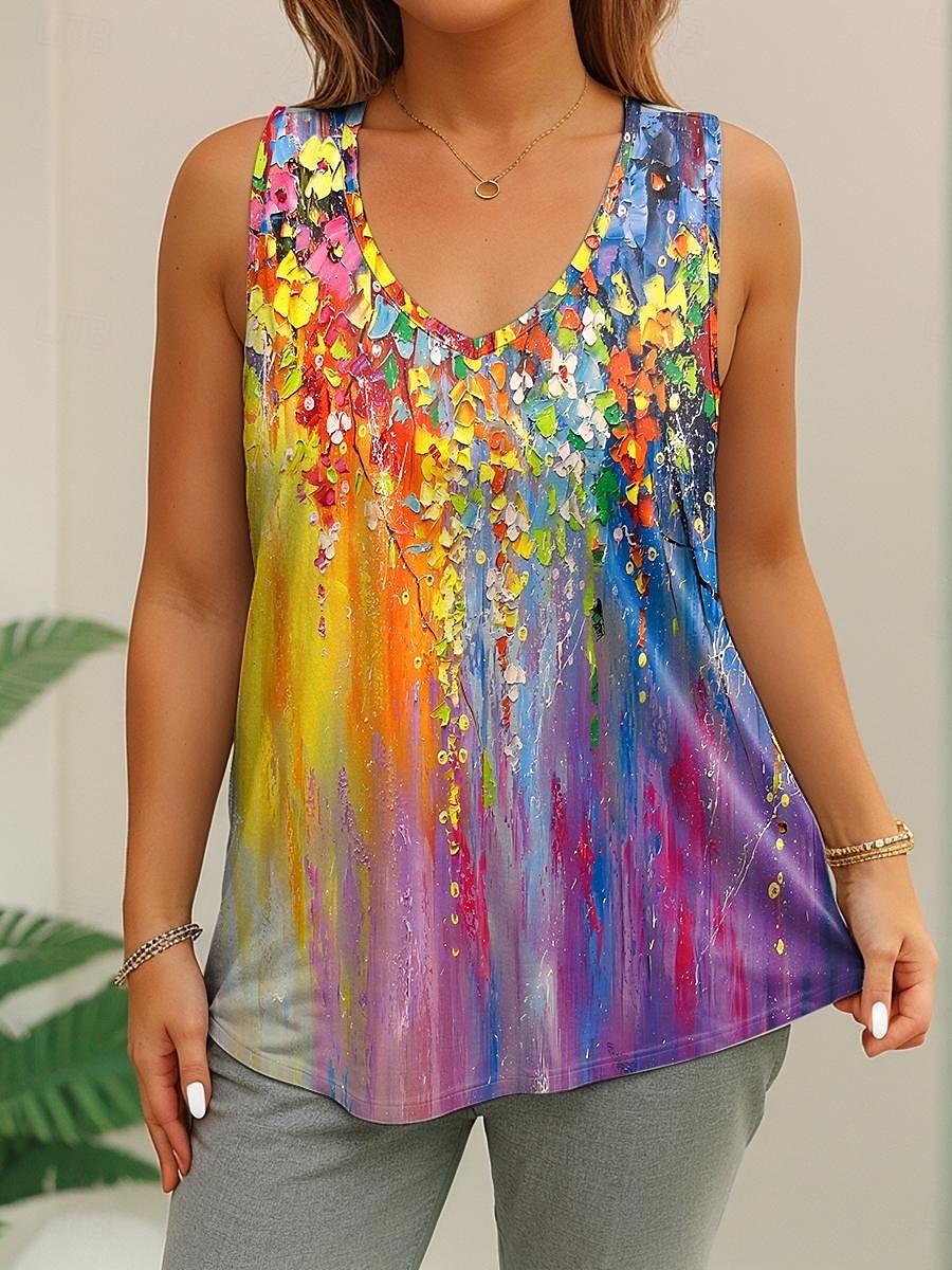 Femmes Grande taille Hauts T-shirt Graphique Abstrait Sans manches Col en V Occasionnel Quotidien Polyester Été Jaune Bleu de 2025 ? $22.99 –P4