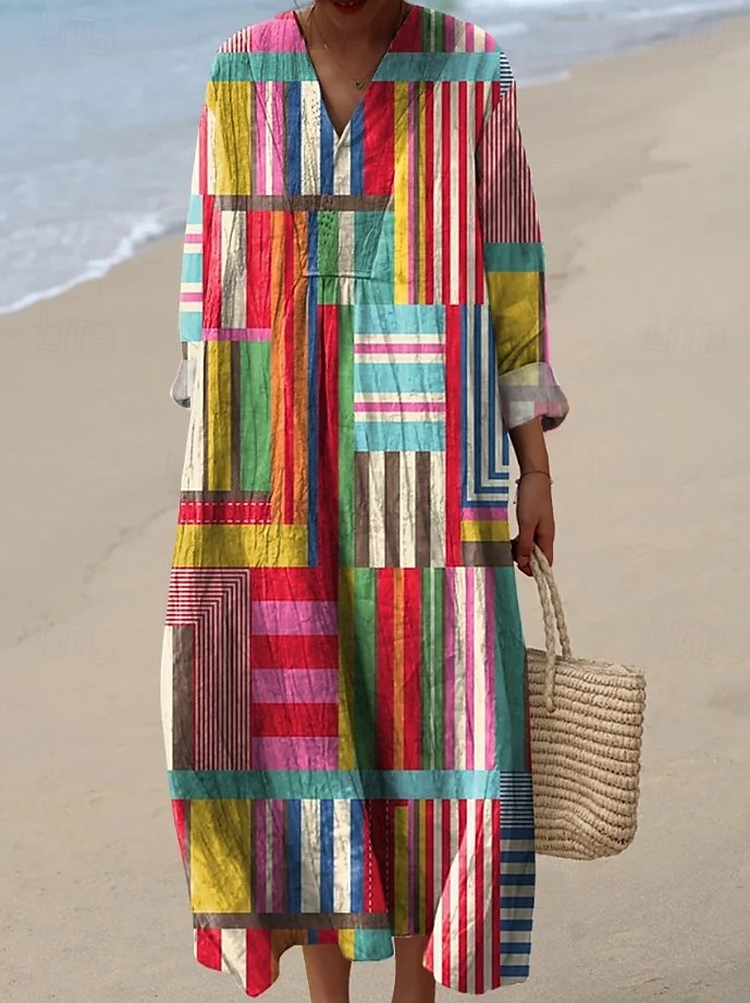 Per donna Abito Midi Vestito Estivo Abito a trapezio Vacanza Casual Boho Uscire Spiaggia Grafico Geometrico Manica Lunga Scollo a V Giallo scuro Rosso Marrone chiaro Blu Estate Primavera Autunno del 2025 a $35.99 –P4