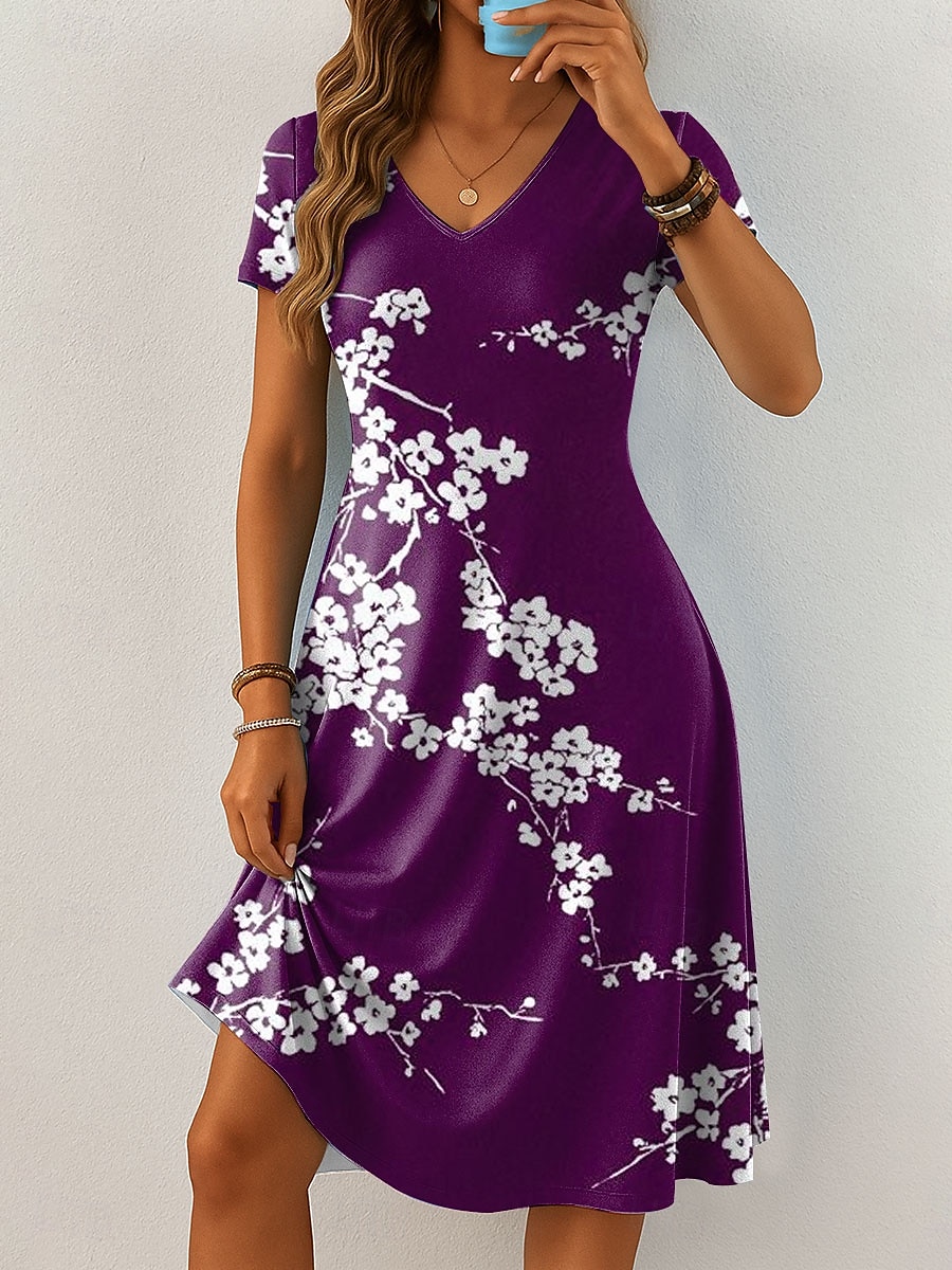 Damskie Sukienka mini Codzienne sukienki Sukienka t-shirtowa Sukienka letnia Sukienka A line Urlop Codzienny Boho Plaża Regularny Kwiaty Graficzny Krótki rękaw W serek Czarny Niebieski Fioletowy 2025 - $23.99 –P4