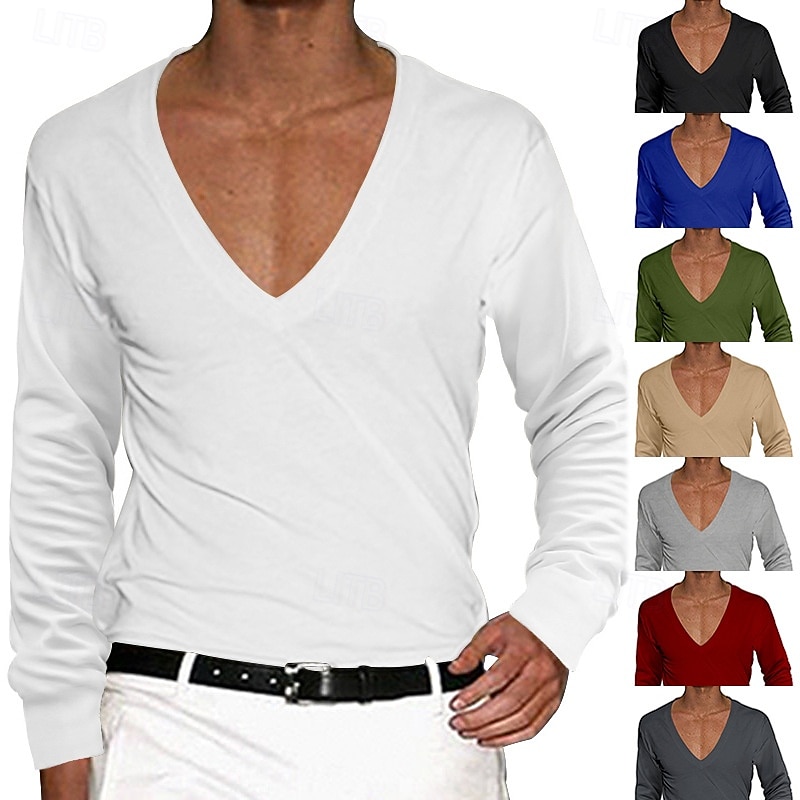 Herren T Shirt T-Shirt Langarm V Ausschnitt Sommer Einfarbig Einfach Mode Designer Basic Tiefes V Basic Urlaub Straße Lässig Schwarz Weiß Rot Top T-Shirt für Herren 2025 - $16.49 –P1