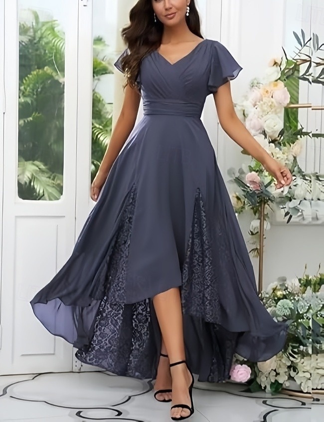 Ligne A Robes pour invités de mariage Élégant Robe robe demoiselle d honneur Fiançailles Asymétrique Manche Courte Col en V Chiffon avec Croisé Froncé 2025 de 2025 ? $167.99 –P4