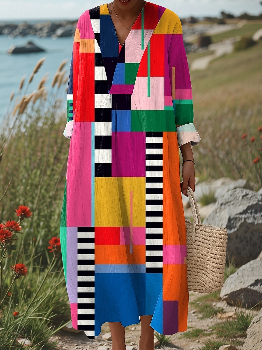 Damen Midikleid Sommerkleid Shiftkleid Urlaub Lässig Strand Ausgehen Strand Lässiger Schnitt Grafik Geometrisch Abstrakt Langarm V Ausschnitt Rosa Blau Orange Sommer Frühling Herbst 2025 - $35.99 –P3